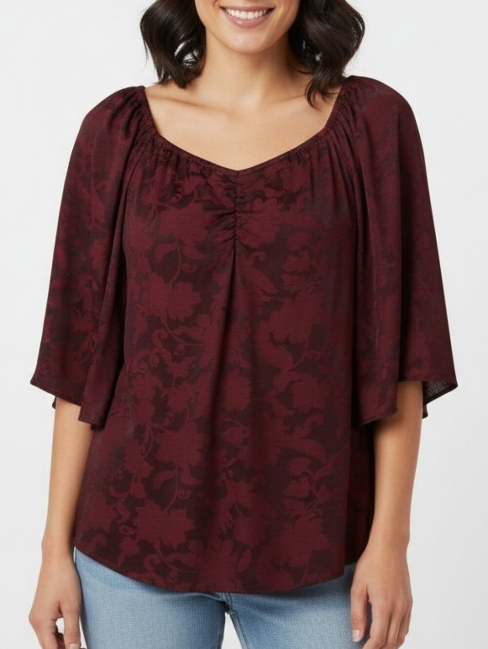 NWT Cato Floral Burnout Scoop Neck Tunic Womems L Burgundy Fairy Feminine Retro
